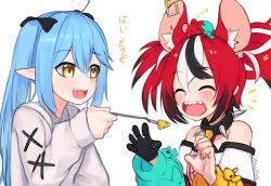 Rule 34 | 2girls, 3:, :d, ^ ^, ahoge, animal ears, black bow, black gloves, blue hair, blush, bow, cheese, claw pose, closed eyes, fangs, feeding, fingernails, food, fork, gloves, grey sweater, hair between eyes, hair bow, hakos baelz, holding, holding fork, hololive, hololive english, long hair, long sleeves, mouse (animal), mouse ears, mouse on head, multicolored hair, multiple girls, notice lines, official alternate costume, open mouth, pointy ears, red hair, sharp teeth, simple background, single glove, smile, streaked hair, sweater, swiss cheese, teeth, translation request, twintails, twitter username, virtual youtuber, white background, yellow eyes, yoako, yukihana lamy, yukihana lamy (casual)