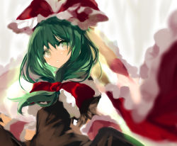 Rule 34 | 1girl, blurry, blurry foreground, blush, bow, brown dress, clothes lift, commentary request, dress, frilled cuffs, frills, front ponytail, fuepo, green eyes, green hair, hair bow, highres, kagiyama hina, lifting own clothes, long hair, looking back, parted lips, perspective, red bow, simple background, skirt, skirt lift, solo, touhou, upper body, white background, wrist cuffs
