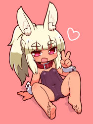 Rule 34 | 1girl, :d, animal ear fluff, animal ears, bare legs, bare shoulders, barefoot, blonde hair, blush, breasts, rabbit ears, collar, commentary request, covered navel, dark skin, dark-skinned female, etrian odyssey, full body, hand up, heart, heart-shaped pupils, highres, leotard, long hair, looking at viewer, masurao (sekaiju), naga u, open mouth, pink background, ponytail, purple leotard, red collar, red eyes, revision, sekaiju no meikyuu, sekaiju no meikyuu 5, shadow, sidelocks, small breasts, smile, solo, strapless, strapless leotard, symbol-shaped pupils, thick eyebrows, v, very long hair, wrist cuffs