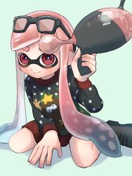 Rule 34 | 1girl, aqua background, black-framed eyewear, black sweater, blue hair, closed mouth, commentary request, gradient hair, gun, highres, holding, holding gun, holding weapon, inkling, inkling girl, inkling player character, long hair, luna blaster (splatoon), multicolored hair, nastar r0, nintendo, pink hair, pointy ears, print sweater, red eyes, simple background, sitting, smile, solo, splatoon (series), splatoon 3, sweater, tentacle hair, thick eyebrows, two-tone hair, weapon