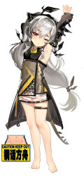 Rule 34 | 1girl, absurdres, aged down, arknights, armpits, arms up, bare shoulders, barefoot, detached sleeves, dress, fh moya, flat chest, full body, grey dress, hair ornament, hairband, highres, long hair, long sleeves, looking at viewer, one eye closed, red eyes, see-through, short dress, silver hair, simple background, solo, standing, stretching, thigh strap, thighs, very long hair, weedy (arknights), white background