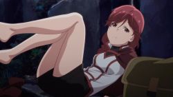 Rule 34 | 10s, 1girl, animated, animated gif, barefoot, black shorts, breasts, cape, feet, fingerless gloves, gloves, hai to gensou no grimgar, legs, looking at viewer, medium breasts, outdoors, red cape, red eyes, red hair, short shorts, shorts, solo, vest, white vest, yume (grimgar)