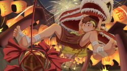Rule 34 | 1boy, animal costume, barefoot, brown hair, child, clamjiejiejie, commentary, dragon costume, english commentary, festival, fireworks, hairband, highres, jumping, lantern, lantern festival, male focus, night, original, outdoors, shorts, sky lantern, solo, toes, yellow hairband