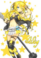 Rule 34 | 1girl, blonde hair, blue eyes, boots, cable, cd, flapper shirt, headphones, kusabe ichii, lily (vocaloid), long hair, microphone, microphone stand, microskirt, midriff, miniskirt, navel, pleated skirt, shirt, skirt, solo, star (symbol), thigh boots, thighhighs, vocaloid, yellow skirt