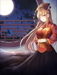 Rule 34 | 1girl, ;), adapted costume, bird, black dress, blonde hair, chinese clothes, commentary request, cowboy shot, dress, full moon, hair between eyes, headdress, highres, indoors, junko (touhou), leaf, long hair, long sleeves, looking at viewer, moon, night, night sky, one eye closed, own hands together, red eyes, red shirt, round window, shirt, single sidelock, sky, smile, solo, standing, star (sky), starry sky, tassel, touhou, very long hair, window, z.o.b