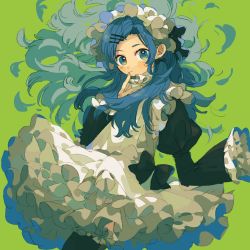 Rule 34 | 1girl, apron, black bow, black dress, black pantyhose, blue eyes, blue hair, blue theme, blush, bow, closed mouth, dress, green background, hair bow, hair ornament, hairclip, hand up, ka (marukogedago), light smile, long hair, long sleeves, looking at viewer, maid, maid apron, maid headdress, original, pantyhose, simple background, sleeves past wrists, solo, white apron
