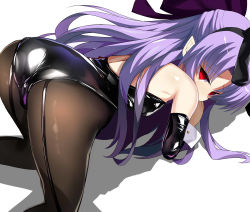 Rule 34 | 1girl, all fours, animal ears, ass, bare shoulders, black leotard, black pantyhose, blue hair, bow, commentary request, detached sleeves, empty eyes, fake animal ears, from behind, hair bow, highres, latex, len (tsukihime), leotard, long hair, looking back, pantyhose, playboy bunny, pointy ears, rabbit ears, red eyes, ribbon, shimejinameko, solo, strapless, strapless leotard, top-down bottom-up, tsukihime, wrist cuffs
