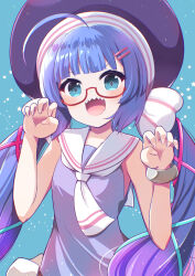 Rule 34 | 1girl, ahoge, aqua background, aqua eyes, aqua ribbon, bare arms, bare shoulders, blue hair, blue shirt, blunt bangs, blush, fingernails, gradient hair, hair ornament, hair ribbon, hat, highres, large hat, light smile, looking at viewer, low twintails, mitsugushi yuu, multicolored hair, necktie, open mouth, otomachi una, paw pose, pink trim, purple hair, purple hat, red ribbon, ribbon, sailor collar, sharp teeth, shirt, sidelocks, sleeveless, sleeveless shirt, solo, star (symbol), talkex, teeth, tongue, twintails, two-tone hair, upper body, upper teeth only, v-shaped eyebrows, vocaloid, voiceroid, white bracelet, white necktie, white sailor collar
