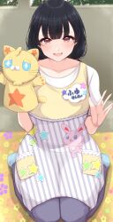 Rule 34 | 1girl, absurdres, apron, black hair, blush, collarbone, hand puppet, highres, idolmaster, idolmaster shiny colors, indoors, kyana (5024777), looking at viewer, mayuzumi fuyuko, name tag, official alternate costume, puppet, seiza, sitting, smile, solo, star (symbol), striped apron, striped clothes