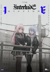Rule 34 | 2girls, ;d, black bow, black gloves, black hoodie, black jacket, black pants, black thighhighs, blue eyes, blue hair, bow, chain, chain-link fence, chihuri, commentary request, cover, cover page, drawstring, ende (chihuri), feet out of frame, fence, fingerless gloves, gloves, grey skirt, hair between eyes, hair bow, hair intakes, highres, hood, hood down, hoodie, jacket, long hair, long sleeves, multiple girls, nea (chihuri), one eye closed, open clothes, open jacket, open mouth, original, outdoors, overcast, pants, pink hair, plaid, plaid skirt, pleated skirt, power lines, purple eyes, railing, skirt, sky, smile, standing, thighhighs, two side up, utility pole, very long hair