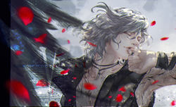 Rule 34 | 1boy, arm tattoo, bracelet, character name, devil may cry (series), devil may cry 5, english text, closed eyes, feathers, fingernails, grey hair, griffon (devil may cry 5), hair between eyes, highres, hikagami yukiri, jewelry, male focus, necklace, pectorals, petals, tattoo, tooth necklace, upper body, v (devil may cry), watermark