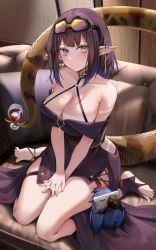 Rule 34 | 1girl, alcohol, alternate costume, aqua nails, arknights, bird, black dress, black footwear, black hair, blue eyes, blue hair, blush, breasts, cleavage, closed mouth, collarbone, couch, cup, dress, drinking glass, ear piercing, eunectes (arknights), full body, goggles, goggles on head, gradient hair, halter dress, halterneck, high priest (arknights), highres, holding, holding with tail, large breasts, looking at viewer, multicolored hair, nail polish, on couch, own hands together, piercing, pillow, pointy ears, prehensile tail, revision, ru zhai, scales, short hair, sitting, snake tail, solo, tail, tan, tanline, toeless footwear, toenail polish, toenails, wariza, wine, wine glass, yellow nails
