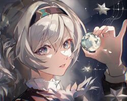 Rule 34 | 1girl, black background, black hairband, blue eyes, expressionless, firefly (honkai: star rail), frilled shirt collar, frills, from behind, grey hair, hairband, highres, holding, holding orb, honkai: star rail, honkai (series), long hair, looking at viewer, orb, parted lips, pinky out, portrait, solo, staff (music), star (symbol), zerotabi1210