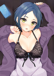 Rule 34 | 10s, 1girl, arms up, bad id, bad pixiv id, black bra, blue hair, bow, bow bra, bra, breasts, cleavage, collarbone, eyelashes, female focus, fingernails, hayami kanade, idolmaster, idolmaster cinderella girls, jacket, lace, lace bra, large breasts, lips, long sleeves, looking at viewer, lying, mirei, on back, on floor, open mouth, parted bangs, parted lips, short hair, sleeves past wrists, solo, sweater jacket, tsurime, underwear, undressing, upper body, yellow eyes
