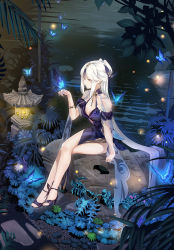 Rule 34 | 1girl, absurdres, bare legs, bare shoulders, breasts, bug, butterfly, butterfly on hand, cleavage, crossed legs, dress, flower, genshin impact, hair ornament, high heels, highres, insect, long hair, looking to the side, medium breasts, night, ningguang (genshin impact), ningguang (orchid&#039;s evening gown) (genshin impact), official alternate costume, outdoors, parted bangs, red eyes, sitting, solo, tassel, tassel hair ornament, thighs, toes, uv20, very long hair, water, white hair