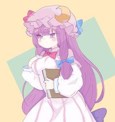 Rule 34 | 1girl, blue bow, blue ribbon, blunt bangs, bow, bowtie, breasts, capelet, commentary request, cowboy shot, crescent, crescent pin, flat color, hair bow, hat, hat ribbon, highres, long hair, long sleeves, looking at viewer, medium breasts, mob cap, narrowed eyes, patchouli knowledge, puffy sleeves, purple eyes, purple hair, red bow, red bowtie, red ribbon, ribbon, robe, simple background, solo, tatutaniyuuto, touhou, very long hair