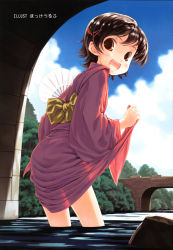 Rule 34 | 1girl, :d, bridge, brown eyes, brown hair, comic rin, hand fan, focke wulf, forest, highres, japanese clothes, kimono, looking back, nature, non-web source, open mouth, paper fan, red kimono, river, short hair, silhouette, smile, solo, uchiwa, wading, water, yukata