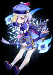 Rule 34 | 1girl, ainy, bead necklace, beads, bell sleeves, black background, black footwear, braid, braided ponytail, chinese clothes, commentary request, cryo (genshin impact), dot nose, full body, genshin impact, hair ornament, hat, highres, jewelry, jiangshi, mandarin collar, mary janes, necklace, ofuda, outstretched arms, parted lips, pink eyes, purple hat, qingdai guanmao, qiqi (genshin impact), shoes, simple background, solo, spread arms, talisman, thighhighs, vision (genshin impact), white thighhighs