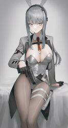 Rule 34 | 1girl, absurdres, animal ears, bed sheet, beretta 92, black gloves, black hairband, black survival, breasts, cleavage, closed mouth, detached collar, eternal return: black survival, fake animal ears, gloves, grey eyes, grey hair, grey jacket, grey leotard, gun, hairband, half gloves, handgun, haze (black survival), highres, holding, holding gun, holding weapon, holster, jacket, large breasts, leotard, long hair, long sleeves, looking at viewer, necktie, open clothes, open jacket, pantyhose, playboy bunny, ponytail, rabbit ears, red necktie, short necktie, simple background, sitting, solo, strapless, strapless leotard, tactical playboy bunny, thigh holster, tunamayo (dsasd751), weapon