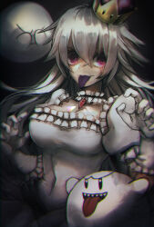 Rule 34 | 1girl, blurry, blurry background, blush, boo (mario), breasts, cleavage, colored tongue, crown, dress, earrings, elbow gloves, frilled dress, frilled gloves, frilled sleeves, frills, from above, ghost, gloves, grey hair, hair between eyes, highres, jewelry, large breasts, long hair, long tongue, looking at viewer, luigi&#039;s mansion, mario (series), new super mario bros. u deluxe, nintendo, ogre (illustogre), open mouth, personification, pointy ears, princess king boo, purple eyes, purple tongue, rokkun (meshiya), sharp teeth, short sleeves, smile, solo, super crown, teeth, tongue, tongue out, upper teeth only, white dress, white gloves