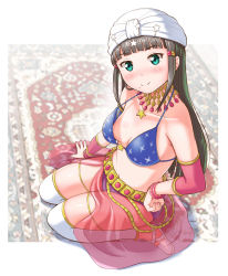 Rule 34 | 10s, 1girl, areola slip, bare shoulders, bikini, black hair, blunt bangs, blurry, blurry background, blush, bracelet, breasts, closed mouth, full body, gonta (gshoutai), green eyes, hand on own hip, highres, jewelry, kneeling, kokoro magic a to z, kurosawa dia, long hair, looking at viewer, love live!, love live! sunshine!!, midriff, mole, mole under mouth, navel, neck ring, oversized clothes, see-through, sitting, small breasts, smile, solo, stomach, swimsuit, thighhighs