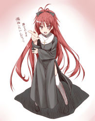 Rule 34 | 1girl, antenna hair, breasts, cosplay, cross, fang, jewelry, long hair, looking at viewer, mahou shoujo madoka magica, mahou shoujo madoka magica (anime), necklace, nun, pointing, ponytail, red eyes, red hair, sakura kyoko, shinohara shinome, side slit, simple background, solo, thighhighs, translation request, very long hair