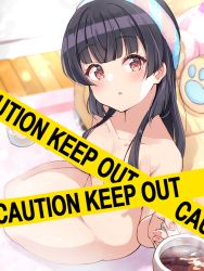 Rule 34 | 1girl, black hair, blurry, blurry background, blush, breasts, caution tape, censored, collarbone, couch, cup, depth of field, hairband, holding, holding cup, idolmaster, idolmaster shiny colors, keep out, long hair, looking at viewer, mayuzumi fuyuko, mug, nail polish, nude, paid reward available, parted lips, pink nails, red eyes, shiitake taishi, small breasts, solo, stuffed animal, stuffed toy, wooden floor
