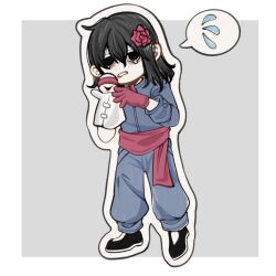 Rule 34 | 1boy, black footwear, blue pants, blue shirt, border, chinese commentary, commentary request, deformed, flower, flying sweatdrops, freckles, fu shun (touqi guaitan), gloves, grey background, hair flower, hair ornament, hand puppet, highres, long sleeves, male focus, mukuro (shurtry), outline, outside border, pants, puppet, red flower, red gloves, red sash, sash, shirt, simple background, solo, spoken flying sweatdrops, teardrop, touqi guaitan, white border, white outline