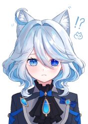 Rule 34 | !?, 1girl, ahoge, animal ear fluff, animal ears, ascot, black ascot, black jacket, blue bow, blue eyes, blue hair, blush, bow, brooch, cat ears, commentary request, furina (genshin impact), genshin impact, hair between eyes, hair intakes, heterochromia, highres, jacket, jewelry, looking at viewer, mochi mochi052, no headwear, short hair, simple background, solo, upper body, white background