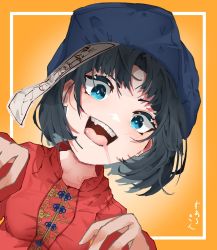 Rule 34 | 1girl, black hair, blue eyes, blue hat, breasts, collarbone, from below, gradient background, hat, highres, jiangshi, looking at viewer, miyako yoshika, ofuda, open mouth, orange background, outstretched arms, red shirt, saliva, shirt, short hair, short sleeves, small breasts, solo, suarokin, teeth, tongue, touhou, upper body, upper teeth only, zombie pose