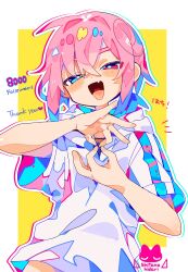 1boy absurdres artist_logo black_shirt blue_eyes blush bright_pupils fang hair_between_eyes half-closed_eyes hand_signs hands_up heart heart_in_mouth heterochromia highres hood hood_down hoodie logo looking_at_viewer male_focus midriff_peek open_mouth original pink_eyes pink_hair ponytail raito-kun_(uenomigi) shirt short_ponytail short_sleeves sidelocks simple_background skin_fang smile solo thank_you trap uenomigi upper_body white_background white_hoodie white_pupils