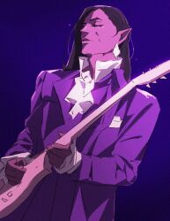 Rule 34 | 1boy, ascot, brown hair, castlevania (series), castlevania: nocturne, closed eyes, dark-skinned male, dark skin, denimcatfish, earrings, formal, instrument, instrument request, jewelry, long hair, male focus, music, olrox, playing instrument, pointy ears, purple theme, single earring, solo, suit, upper body
