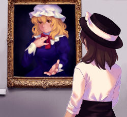 Rule 34 | 1girl, back, black hat, black skirt, blonde hair, bow, bowtie, breasts, brown eyes, brown hair, closed mouth, drawing (object), dress, hair between eyes, hand on own chest, hands up, hat, hat bow, highres, juliet sleeves, long sleeves, looking at another, looking to the side, maribel hearn, medium breasts, medium hair, mob cap, nekolina, puffy sleeves, purple dress, red bow, red bowtie, shirt, short hair, skirt, sleeves rolled up, smile, solo, standing, touhou, usami renko, wall, white bow, white hat, white shirt