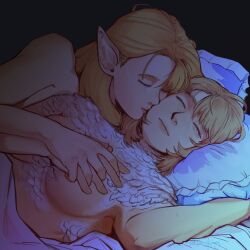 Rule 34 | 2girls, blonde hair, breasts, closed eyes, closed mouth, dungeon meshi, elf, falin touden, falin touden (chimera), feathers, furiousfruitcake, holding hands, interlocked fingers, kiss, kissing cheek, lying, marcille donato, multiple girls, on back, pillow, pointy ears, sleeping, yuri