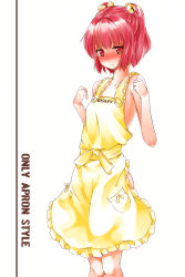 Rule 34 | 1girl, apron, bell, blush, collar, hair bell, hair ornament, hazuki kyou, motoori kosuzu, naked apron, red eyes, red hair, short hair, simple background, solo, sweatdrop, touhou, twintails, two side up