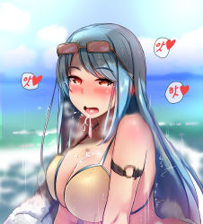 Rule 34 | 1girl, arm belt, bikini, blue hair, blush, breasts, breath, cum, cum in mouth, cum on body, cum on breasts, cum on hair, cum on upper body, cumdrip, ear blush, eyewear on head, girls&#039; frontline, heart, heart-shaped pupils, heavy breathing, highres, implied sex, large breasts, long hair, looking at viewer, m249 saw (arctic fox) (girls&#039; frontline), m249 saw (girls&#039; frontline), nose blush, o-ring, official alternate costume, open mouth, saliva, solo, speed lines, steam, strap gap, sunglasses, swept bangs, swimsuit, symbol-shaped pupils, tongue, tongue out, towel, upper body, very long hair, yellow eyes, yellowseeds