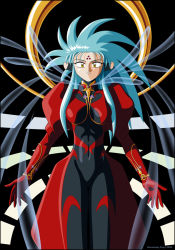 Rule 34 | 1990s (style), 1girl, blue hair, facial mark, forehead mark, light hawk wings, retro artstyle, ryouko (tenchi muyou!), solo, spiked hair, tenchi muyou!, wings, yellow eyes