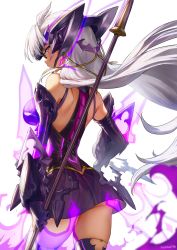 Rule 34 | 1girl, athenawyrm, bare shoulders, black skirt, breasts, dark skin, dark-skinned female, elbow gloves, from behind, gloves, highres, holding, holding spear, holding weapon, large breasts, long hair, polearm, silver hair, skirt, solo, spear, t-elos, thighhighs, very long hair, weapon, xenosaga