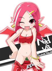 Rule 34 | 1girl, bat wings, blush, breasts, censored, character censor, cleavage, clothes pull, demon girl, demon wings, earrings, english text, fang, final fantasy, happy, heart, jewelry, long pointy ears, looking at viewer, no panties, novelty censor, one eye closed, open mouth, pants, pants pull, pink hair, pointy ears, red eyes, sabotender, sideboob, simple background, solo, spread legs, underboob, undressing, white background, wings, wink, youkan