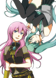 Rule 34 | 2girls, :d, aqua eyes, aqua hair, armband, asymmetrical sleeves, bare shoulders, belt, black detached sleeves, black legwear, blue eyes, blue gemstone, blush, brooch, collared shirt, detached sleeves, eye contact, female focus, gem, hatsune miku, highres, jewelry, long hair, looking at another, megurine luka, multiple belts, multiple girls, necktie, open mouth, pink hair, sekihara umina, shirt, simple background, single sleeve, skirt, sleeveless, sleeveless shirt, smile, thighhighs, turtleneck, twintails, uneven sleeves, upside-down, very long hair, vocaloid, white background, yellow detached sleeves