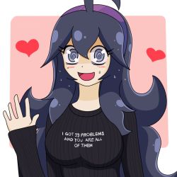 Rule 34 | 1girl, @ @, ahoge, black sweater, blush, border, clothes writing, creatures (company), english text, game freak, hand up, headband, heart, hex maniac (pokemon), long hair, long sleeves, looking at viewer, matching hair/eyes, nintendo, npc trainer, open mouth, pink background, pokemon, pokemon xy, purple eyes, purple hair, putri (somedude1727), ribbed sweater, simple background, smile, solo, sweat, sweater, text focus, upper body, waving, white border