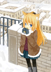 Rule 34 | 1girl, animal ears, blue eyes, boots, brick wall, can, cityscape, coat, drink can, drinking, fence, fox ears, fur-trimmed coat, fur-trimmed sleeves, fur trim, hatomaru, long hair, mittens, original, pantyhose, ponytail, skirt, snow, snowing, soda can, solo, sweater, very long hair, winter, winter clothes, winter coat