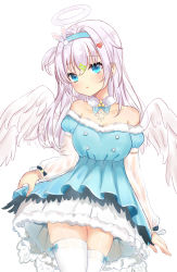 Rule 34 | 1girl, angel, angel wings, bare shoulders, blue dress, blue eyes, blue hairband, collarbone, commentary request, dress, feathered wings, fur-trimmed dress, fur trim, girls&#039; frontline, hair between eyes, hair ornament, hairband, hairclip, halo, heart, heart hair ornament, highres, layered sleeves, long hair, long sleeves, off-shoulder dress, off shoulder, official alternate costume, one side up, puffy long sleeves, puffy short sleeves, puffy sleeves, satori (ymoy), see-through, short over long sleeves, short sleeves, silver hair, simple background, snowflake hair ornament, solo, suomi (girls&#039; frontline), suomi (korvatunturi pixie) (girls&#039; frontline), thighhighs, white background, white thighhighs, white wings, wings