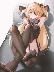 Rule 34 | 1girl, absurdres, armpits, arms behind head, arms up, bare shoulders, black pantyhose, black thighhighs, blonde hair, blue bow, blue bowtie, blush, bow, bowtie, breasts, brooch, chromatic aberration, cjw01, closed mouth, commentary, couch, dot nose, elbow gloves, eyepatch, fischl (genshin impact), fishnets, garter straps, genshin impact, gloves, green eyes, hair over one eye, hair ribbon, high collar, highres, jewelry, long hair, looking at viewer, lying, no shoes, on back, pantyhose, ribbon, simple background, single thighhigh, sleeve garter, small breasts, soles, solo, symbol-only commentary, thighhighs, thighs, two side up, white background