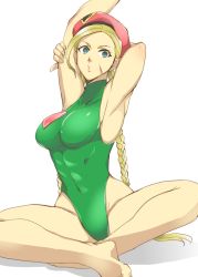 Rule 34 | 1girl, abs, armpits, arms up, bad id, bad pixiv id, barefoot, beret, blonde hair, blue eyes, braid, breasts, cammy white, hat, highleg, highleg leotard, highres, indian style, leotard, long hair, medium breasts, puckered lips, scar, sitting, skin tight, solo, street fighter, stretching, takehana, twin braids
