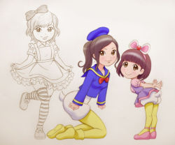 Rule 34 | 3girls, artist request, bow, brown eyes, brown hair, cosplay, donald duck, dress, duck tail, frills, full body, hair bow, hair ornament, height difference, kneeling, leaning forward, looking at viewer, matching hair/eyes, multiple girls, pantyhose, ponytail, sailor, school uniform, serafuku, short hair, smile, standing, standing on one leg, striped legwear, tagme, thighhighs, yellow legwear