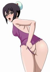 Rule 34 | 1girl, black hair, bleach, blush, bun cover, censored, clothing aside, cowboy shot, hair bun, highres, hinamori momo, kh-fullhouse, leaning forward, looking at viewer, looking back, mosaic censoring, nose blush, one-piece swimsuit, open mouth, purple one-piece swimsuit, pussy, self exposure, simple background, single hair bun, solo, standing, swimsuit, swimsuit aside, white background