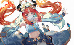 Rule 34 | 1girl, bare shoulders, blue eyes, blue skirt, breasts, brooch, chinese commentary, commentary request, crop top, detached sleeves, genshin impact, highres, horns, jewelry, long hair, looking at viewer, medium breasts, midriff, mouth veil, navel, nilou (genshin impact), outstretched arms, red hair, see-through, simple background, skirt, solo, srpzk, stomach, upper body, veil, very long hair, white background
