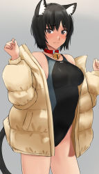 Rule 34 | 1girl, amagami, animal collar, animal ears, bell, black hair, black one-piece swimsuit, breasts, brown eyes, brown jacket, cat ears, cat tail, coat, collar, competition swimsuit, cowboy shot, gradient background, highleg, highleg swimsuit, highres, jacket, jingle bell, nanasaki ai, one-piece swimsuit, short hair, small breasts, solo, swimsuit, tail, two-tone swimsuit, winter clothes, winter coat, yoo tenchi