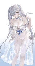 1girl armband bare_shoulders blue_bow blue_choker blue_eyes blue_ribbon bow breasts brown_bow bustier choker chokopaii cinderella_(glass_princess)_(nikke) cinderella_(nikke) dress frilled_armband frills goddess_of_victory:_nikke grey_hair hair_over_one_eye hair_ribbon highres large_breasts leaning_forward long_hair looking_at_viewer navel official_alternate_costume panties ribbon see-through_clothes see-through_dress smile solo twintails underwear very_long_hair white_dress white_panties